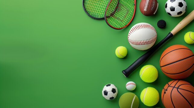 Various Sports Equipment Icons on Green Background