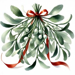 Christmas Watercolor Mistletoe, Hanging Mistletoe Bouquet, Mistletoe with White Berry and Red Bow, New Year Kiss Tradition Art, Plant Illustration for Winter, Holiday Season Painting. Generative AI