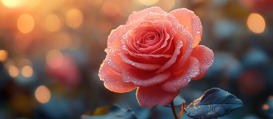 A close-up of a pink rose with dew drops, set against a soft, blurred background.