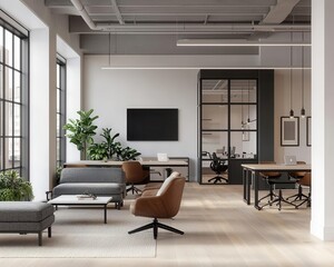 Fototapeta premium A sleek, techinfused coworking space with an openplan layout, interactive display panels, and highspeed fiberoptic internet