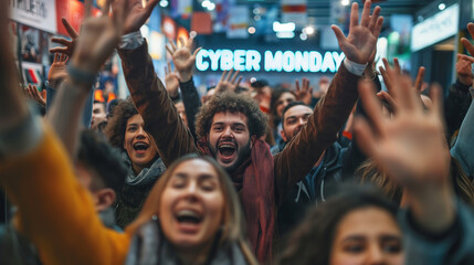 Excited crowd at a Cyber Monday sale.