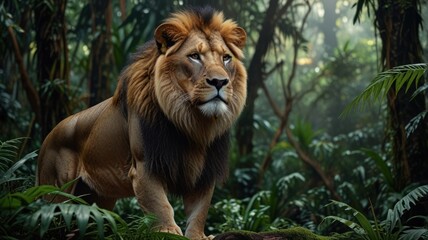Fototapeta premium A majestic lion stands proudly in a lush green jungle, its powerful presence commanding respect.