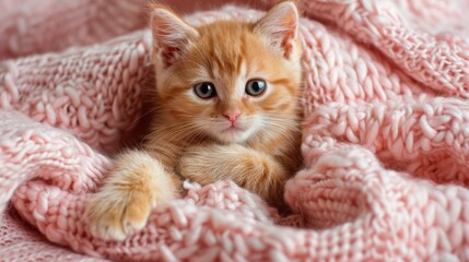 Adorable Baby Cat Snuggled in Cozy Blanket. Cute baby Cat