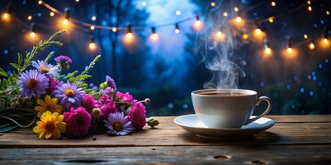 Fototapeta premium Night Photography: Cozy Cup of Coffee Surrounded by Beautiful Flowers for Relaxing Ambiance