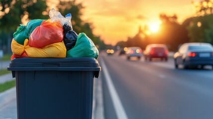  Contenedor de basura lleno de bolsas de desechos al costado de una carretera al atardecer. Representa el problema de la acumulaci&oacute;n de residuos en &aacute;reas p&uacute;blicas.

