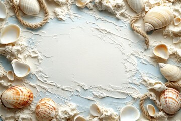 Obraz premium Seashells and rope frame a white space on a blue and white textured background.