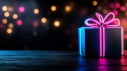 A glowing neon gift box with a pink and blue bow sits on a dark surface with blurred lights in the background.