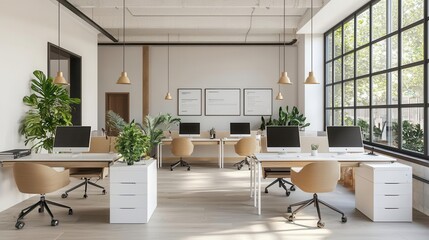 Fototapeta premium A sleek, techinfused coworking space with an openplan layout, interactive display panels, and highspeed fiberoptic internet