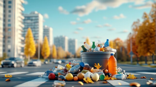 Contenedor lleno de basura en una calle con &aacute;rboles oto&ntilde;ales y edificios al fondo, resaltando la necesidad de gesti&oacute;n de residuos en entornos urbanos.

