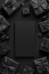 Elegant Black Friday Banner with Paper-Cut Gift Boxes and Ribbons in Muted Black and Gray Tones	