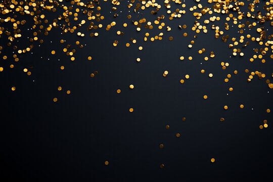 A luxurious black background adorned with scattered gold confetti, ideal for glamorous celebrations or festive events like New Year's, weddings, and anniversaries - Powered by Adobe