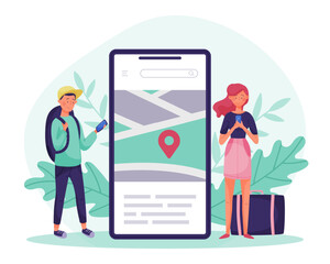 Man and Woman Travel with Suitcase and smartphone App Enjoy Vacation Vector Illustration.