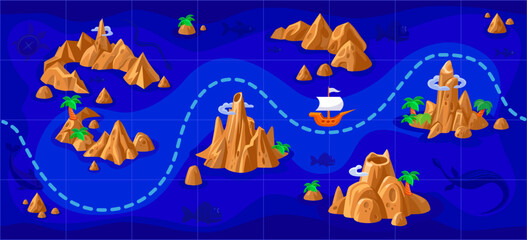 Game See Level Map. Game map for passing the route. Sea, ship, islands, sea monsters, imitation of medieval sea maps. Top view. Seamless map. Route for passing between islands 