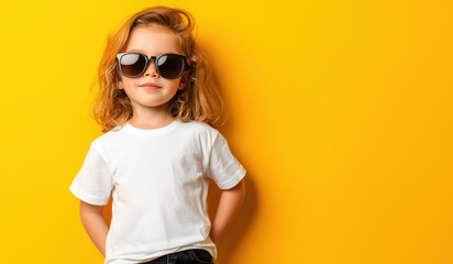 Fototapeta premium Confident child wearing sunglasses, standing against a vibrant yellow background.