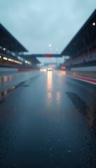Fototapeta premium A moody shot of a wet racing track under cloudy skies, capturing the essence of motorsport. Ideal for automotive, sports, or weather-related themes.