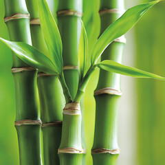 Close-up of vibrant green bamboo stalks with fresh leaves