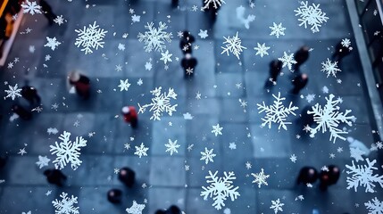 An aerial view of a city square decorated with snowflake cutouts, with pedestrians walking below