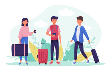 Man and Woman Travel with Suitcase Enjoy Vacation Vector Illustration