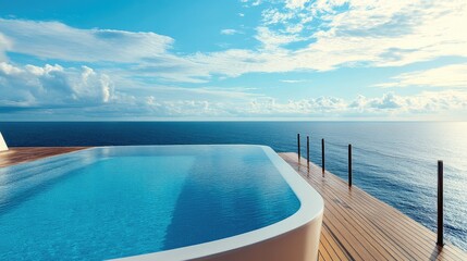 Fototapeta premium The private pool deck of a modern cruise ship, overlooking endless blue waters and symbolizing wealth. No people.