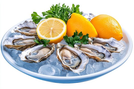  Un plato de ostras sobre hielo, adornado con limones frescos y perejil. La presentaci&oacute;n resalta la frescura y calidad de los mariscos.

