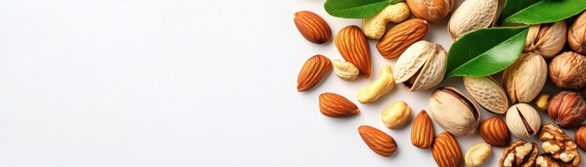 A collection of assorted nuts, including almonds and pistachios, arranged artistically with green leaves on a white background.