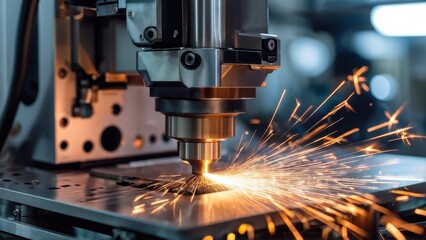 A close-up of a precision cutting machine producing sparks while machining metal.