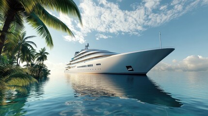 The sleek exterior of a luxury cruise ship anchored in a tropical paradise, reflecting a concept of wealth. No people.