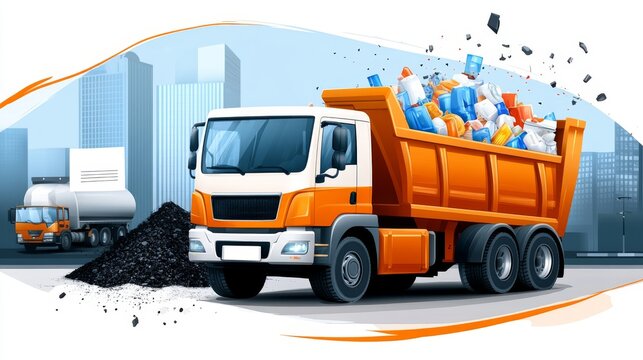  Un cami&oacute;n de basura ilustrado transporta grandes cantidades de residuos mientras circula por una ciudad moderna. Al fondo, edificios altos representan el entorno urbano.

