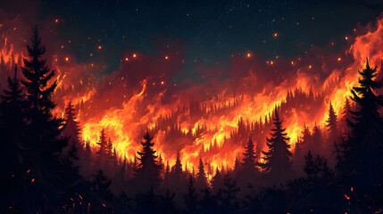 Nighttime Inferno: Forests Ablaze Under a Starless Sky  