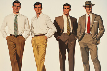 Retro-styled illustration of four men in classic business attire, each sporting different suits and ties. The image captures a mid-century aesthetic with bold colors and sharp lines