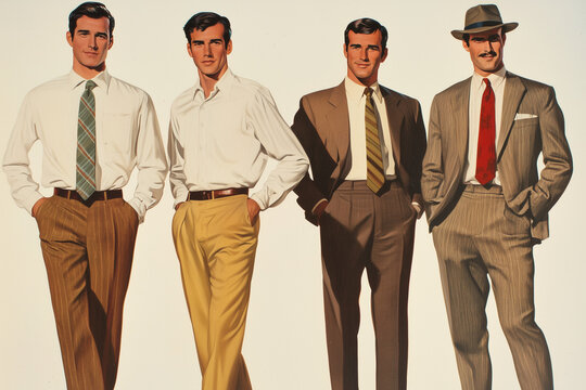 Retro-styled illustration of four men in classic business attire, each sporting different suits and ties. The image captures a mid-century aesthetic with bold colors and sharp lines