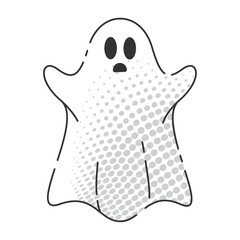 Surprised cartoon ghost with halftone pattern raising arms, Vector