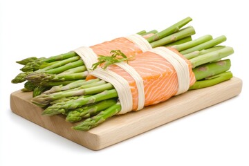  Un manojo de espárragos frescos envuelto con una tira de salmón crudo sobre una tabla de cortar de madera. La combinación resalta ingredientes saludables y frescos para la cocina gourmet.

