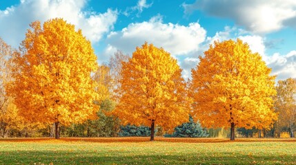 Vibrant Autumn Scene with Three Golden Trees