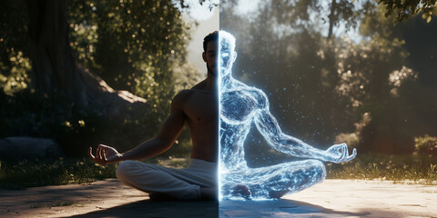 Meditative man sitting by a forest stream with half of his body digitally dissolving into blue energy particles. The image conveys a sense of transformation, mindfulness, and the connection between th