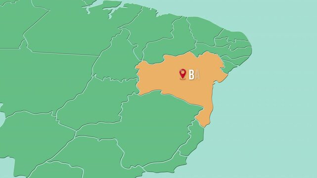 Mapa de Brasil con divisi&oacute;n pol&iacute;tica resaltando el estado Bah&iacute;a.