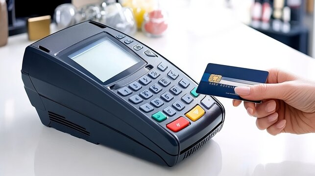 Una mano est&aacute; realizando un pago sin contacto utilizando una tarjeta de cr&eacute;dito en un terminal electr&oacute;nico, resaltando la rapidez y facilidad de las transacciones.

