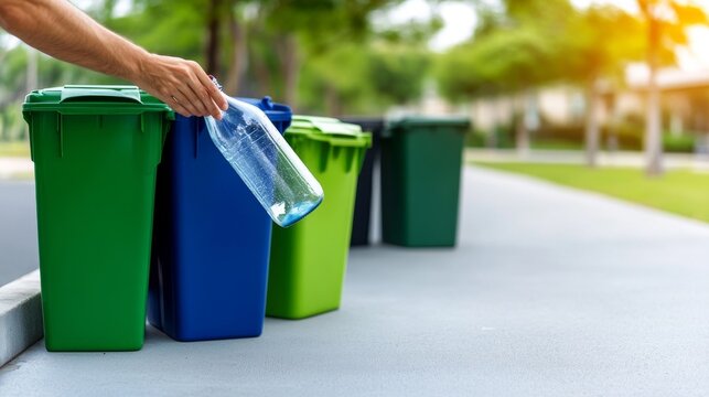  Una persona sostiene una botella de pl&aacute;stico y la deposita en un contenedor azul de reciclaje, promoviendo la separaci&oacute;n de residuos en una zona residencial.

