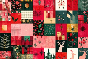 Vibrant Christmas patchwork pattern with traditional holiday symbols like reindeer, holly, and Christmas trees in red and green hues