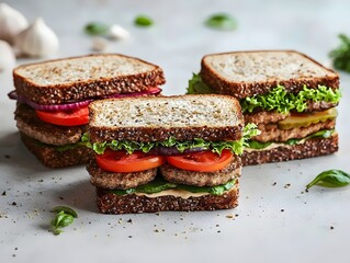 Delicious vegetarian sandwiches stacked with fresh lettuce, tomatoes, and creamy sauce on a backdrop of fresh herbs and garlic, showcasing wholesome ingredients.