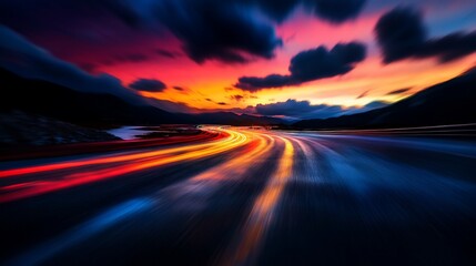 Colorful light trails on a winding highway at sunset with dramatic sky and mountains.
