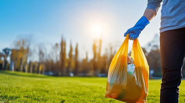  Una persona con guante azul sostiene una bolsa de basura amarilla en un parque verde bajo el sol, promoviendo la limpieza de los espacios públicos y la gestión responsable de residuos.

