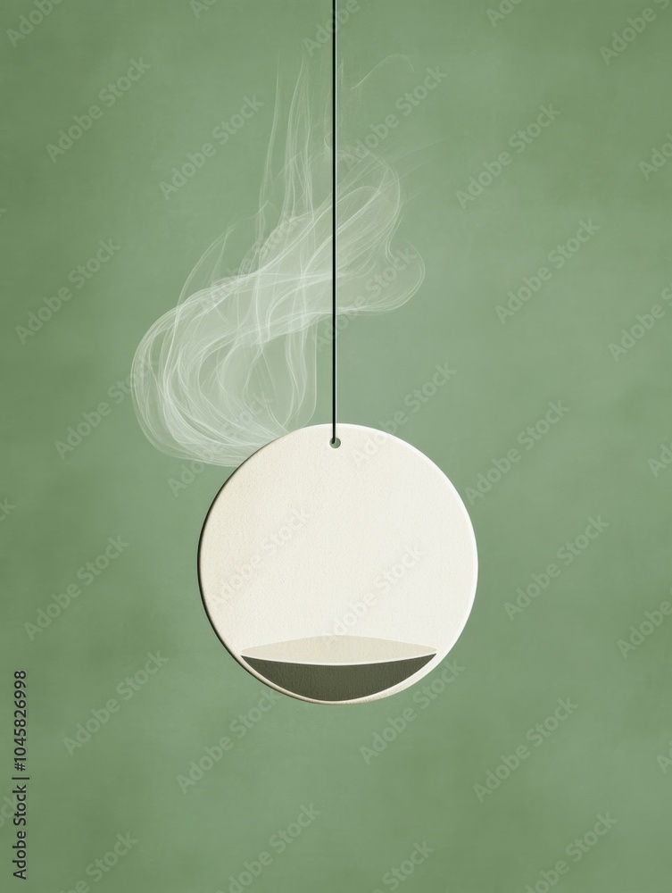 Poster A simple yet elegant round hanging decor emits soft smoke, creating a tranquil atmosphere against a muted green backdrop. Generative AI