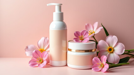 Elegant cosmetic bottles with pink flowers on pastel background, skincare product display concept.
