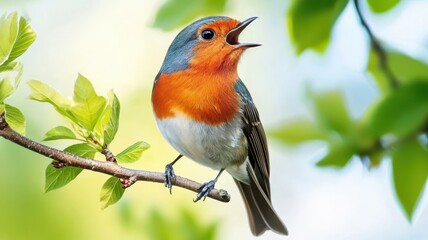 Fototapeta premium Colorful bird perched on branch, singing in a nature setting, white isolate background.