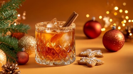 A vibrant cocktail is served in a crystal glass with ice and a cinnamon stick, accompanied by decorated gingerbread cookies.
