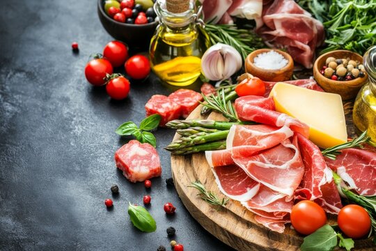  Selecci&oacute;n de ingredientes frescos de cocina italiana sobre una tabla de madera, incluyendo jam&oacute;n, queso, esp&aacute;rragos, tomates y hierbas. Refleja la frescura y autenticidad de la comida mediterr&aacute;nea.

