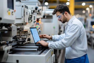 Fototapeta premium Male engineer factory worker control CNC machine by laptop computer in industry factory. Male worker working and control conveyor in manufacturing process in factory