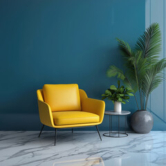 Fototapeta premium Modern living room with yellow chair and indoor plants