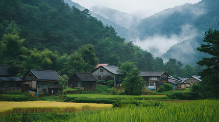 Fototapeta premium Tranquil Rustic Village: A Scenic Landscape of Authentic Countryside Life 
